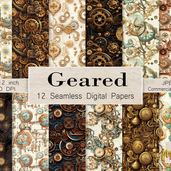 Victorian Steampunk Gears, Clocks and Watches, Brass & copper, 12 Seamless Digital Papers, Use for junk journals, cards, invitations