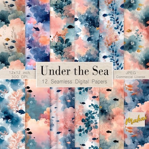 12 Padrões Subaquáticos de Aquarela Sem Costura, Papel Digital de Peixes Corais para Impressão em Tecido, Scrapbooking, Sublimação, Licença Comercial