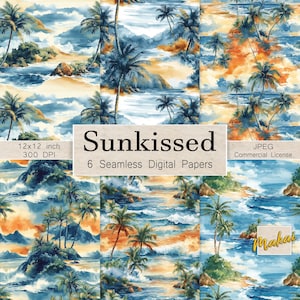 6 padrões tropicais de aquarela sem emendas, conjunto de papel digital com palmeiras de praia havaianas para impressão em tecido, scrapbooking, sublimação e uso comercial