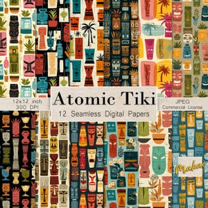 Puede incluir: Una colección de 12 papeles digitales sin costuras con el tema "Atomic Tiki". Los papeles presentan máscaras tiki coloridas y motivos tropicales variados. La imagen incluye el texto "12x12 inch 300 DPI" y "JPEG Commercial License". Miden 30,48 cm x 30,48 cm.