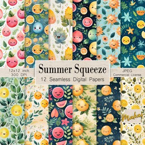 12 naadloze digitale patronen, geïllustreerd zomerfruit en bloemen, voor kaarten, uitnodigingen, sublimatie, bedrukken van stoffen, commerciële licentie