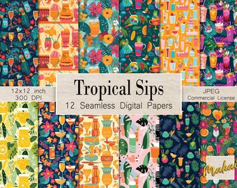 12 Seamless Digital Patterns, Summer tropical drink patterns, Use for journals, cards, scrapbook, invitations, Retro tropical style