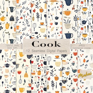 May include: Digital paper set featuring a repeating pattern of kitchen utensils, teapots, cups, and floral elements in shades of yellow, blue, and orange on a cream background. The text "Cook" and "12 Seamless Digital Papers" are visible.