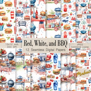 May include: Twelve digital papers featuring a red, white, and blue patriotic theme with images of grilling, hamburgers, and American flags. The papers are 12x12 inches and 300 DPI.