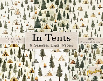 6 Camping Tent Seamless Patterns, Forest Trees Campfire Digital Paper, Fabric Printing, Scrapbooking, Sublimation, Commercial Use License