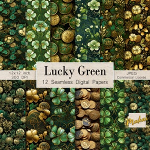 May include: Twelve digital paper designs featuring a green and gold shamrock pattern. The papers are 12x12 inches and 300 DPI. The text "Lucky Green" is displayed on the image.