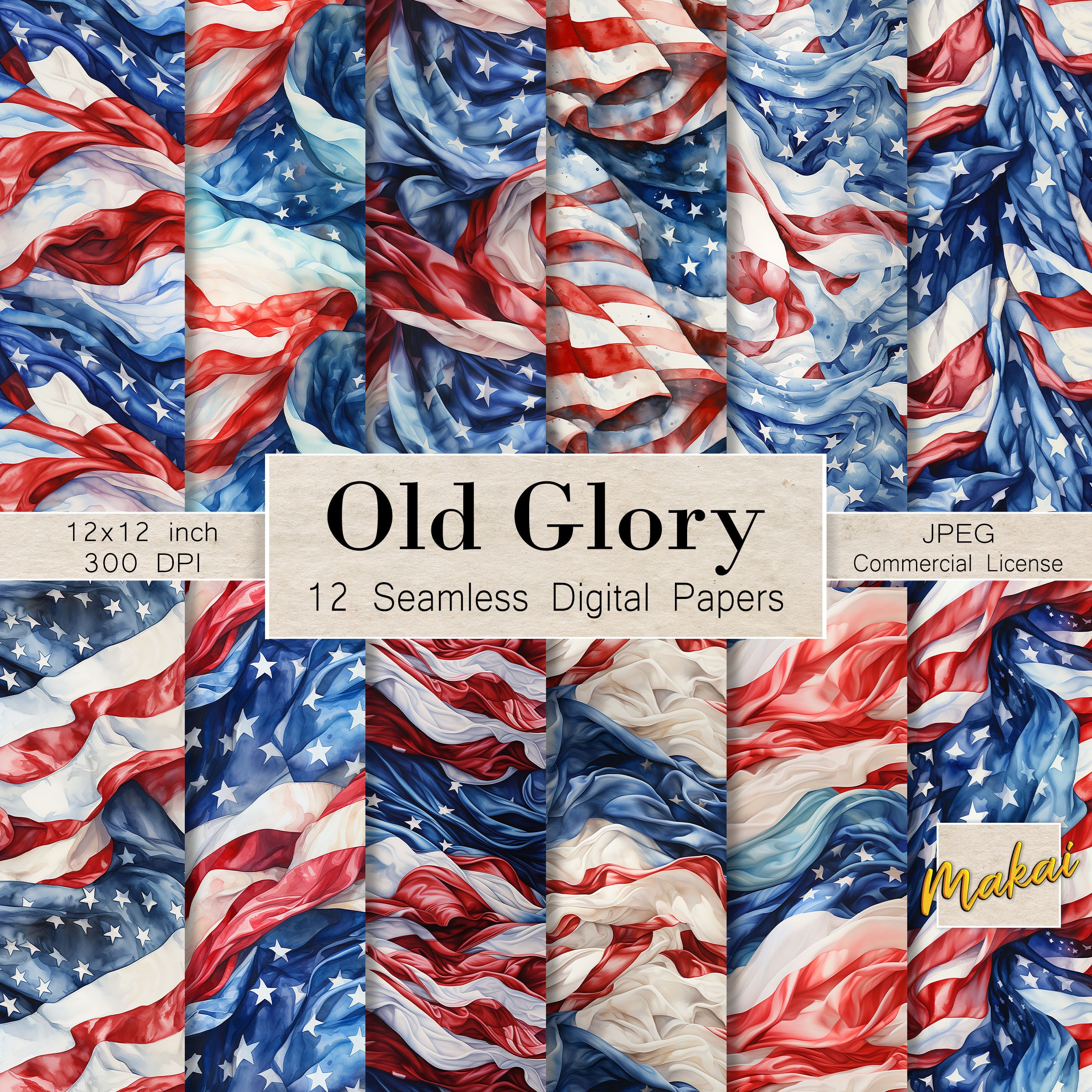 12 Seamless Digital Patterns, Watercolor American Flags, Use for Cards ...