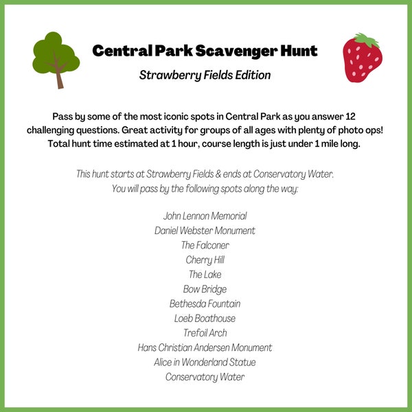 Central Park Scavenger Hunt: Strawberry Fields! | Challenging NYC Outdoor Scavenger Hunt | Digital Download Print At Home