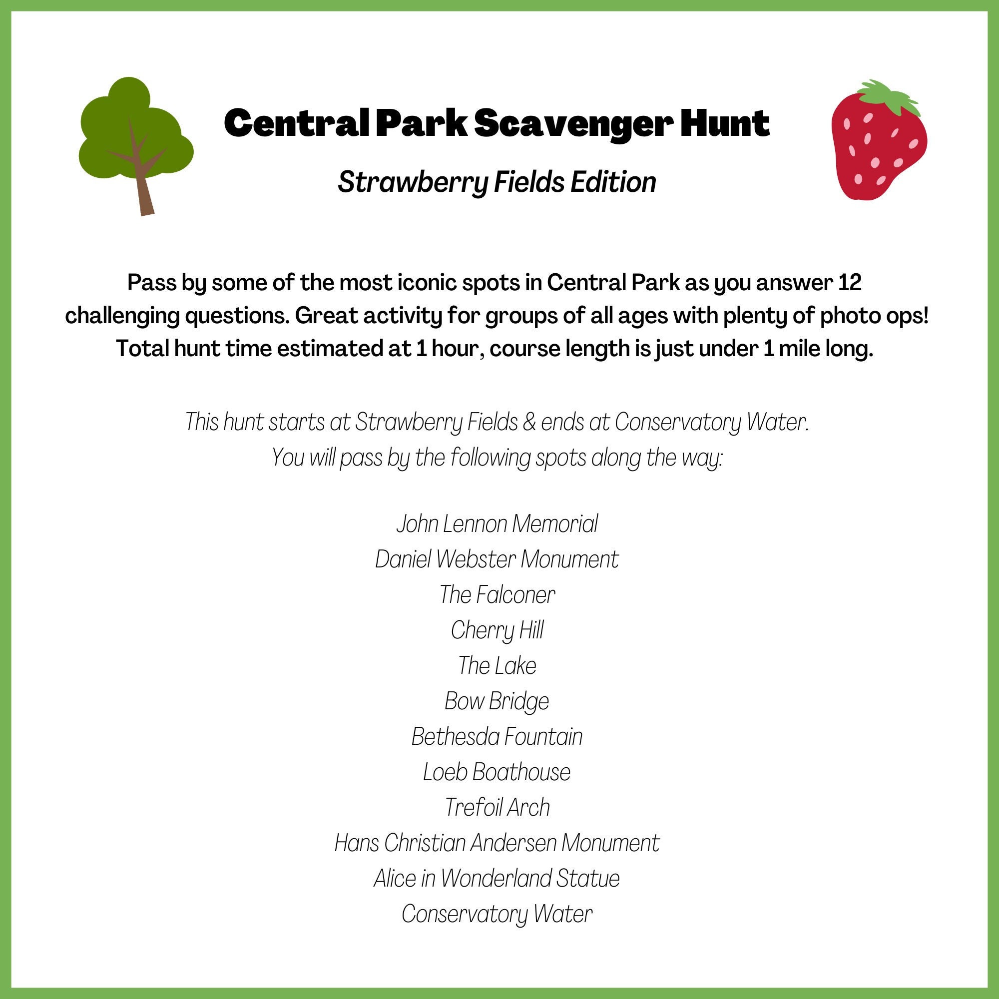 Central park scavenger hunt strawberry fields challenging nyc outdoor