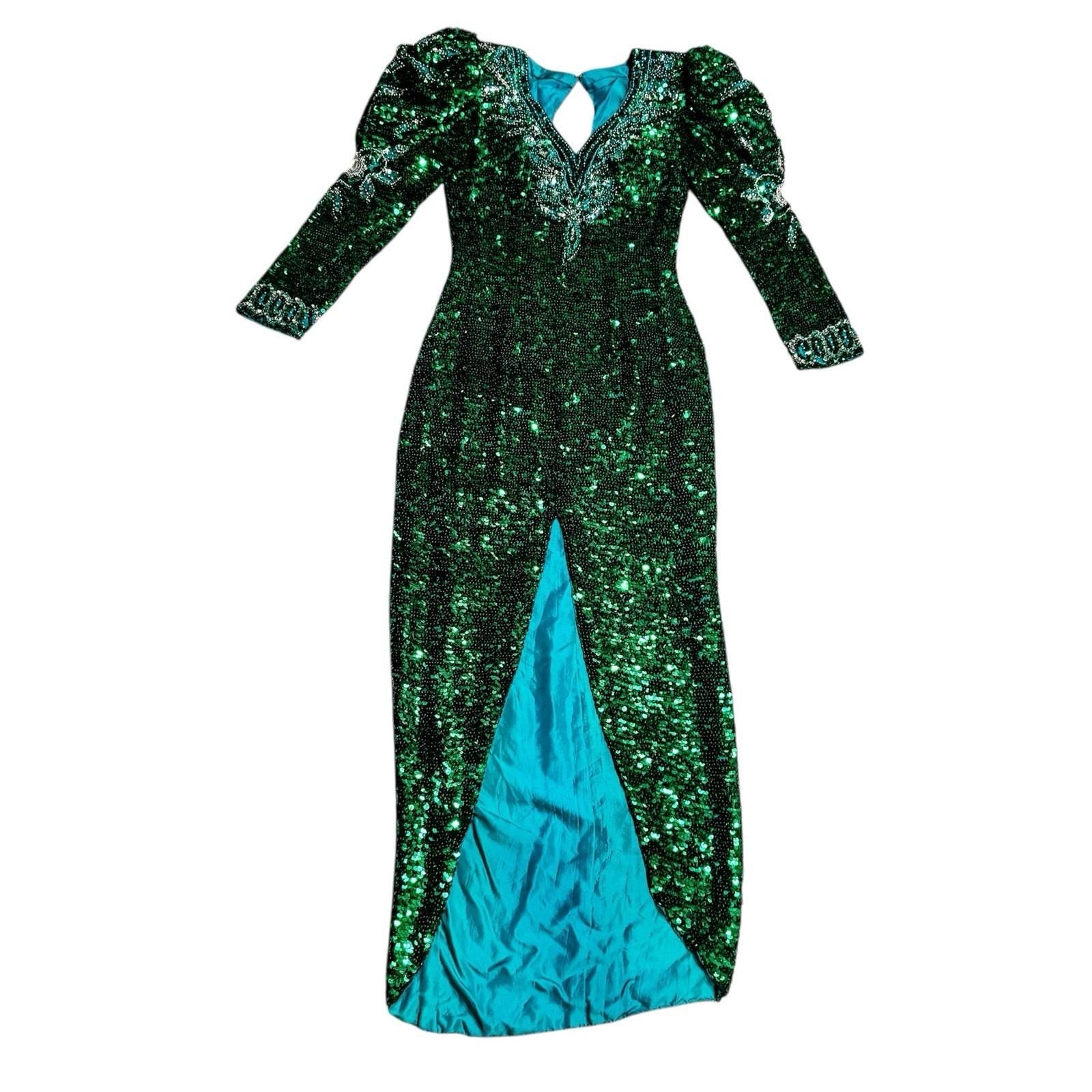 slim fit dress slacks R&M Richard’s Green Metallic Long Sleeve Maxi Dress Women's Shimmery Size 12 main image 1