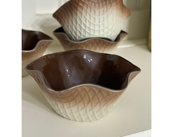 Vintage Set of 6 Bormioli Rocco Italian Glass Waffle Cone Icecream Dessert Bowls