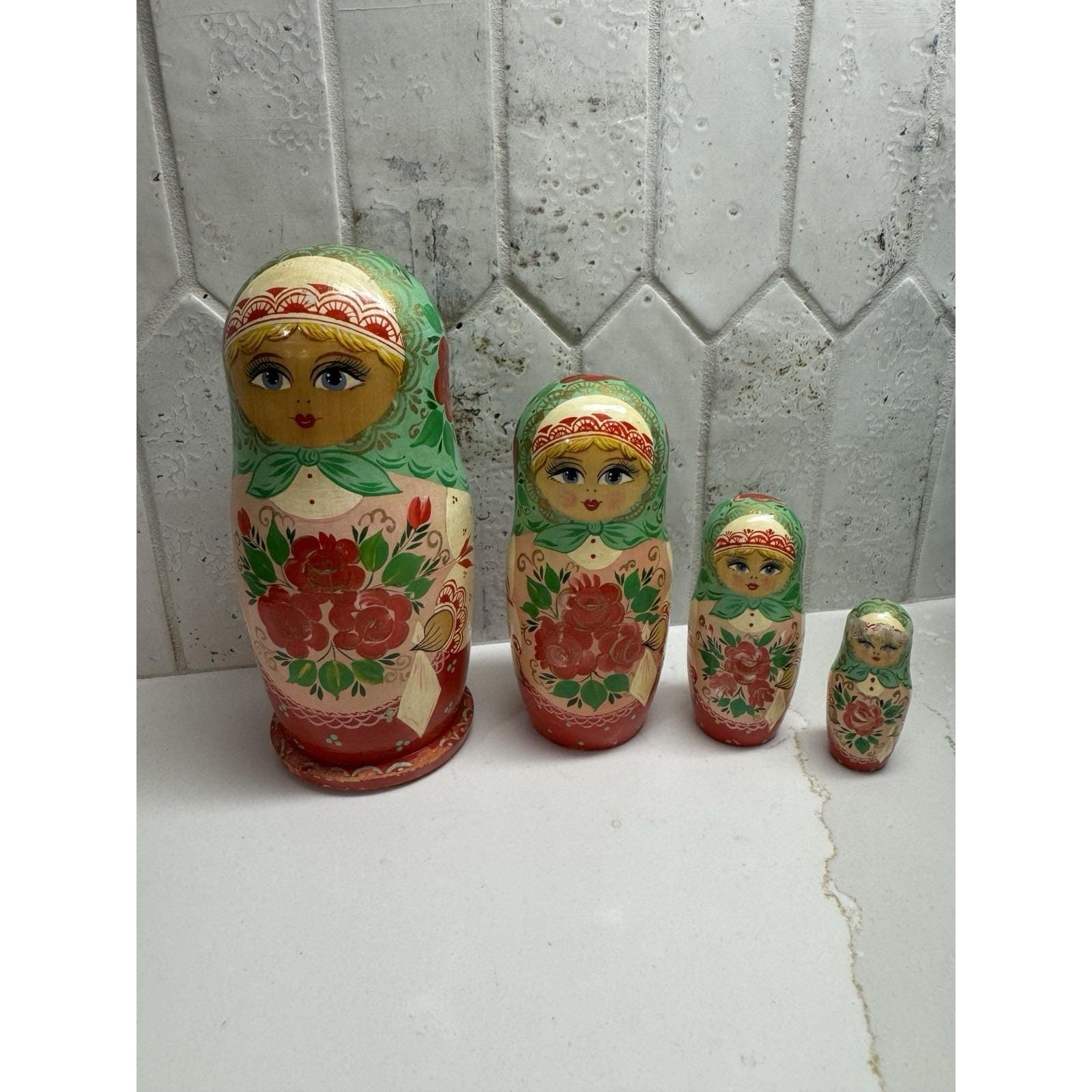Vintage Russian Wooden Matryoshka Babushka Nesting Dolls Hand Painted Set of 4