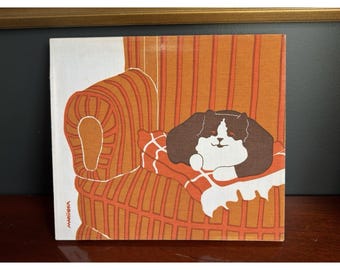 rare vintage 1970's marushka red orange cat screen print textile wall art 14x16