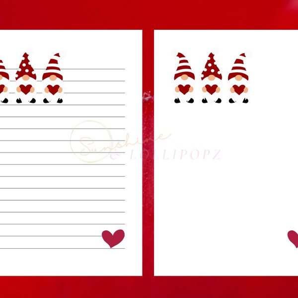 Three Gnomes with Hats Lined & Unlined Stationery | PRINTABLE Stationery | Printable Writing Paper | Valentine's Day Love Notes | Gift Set