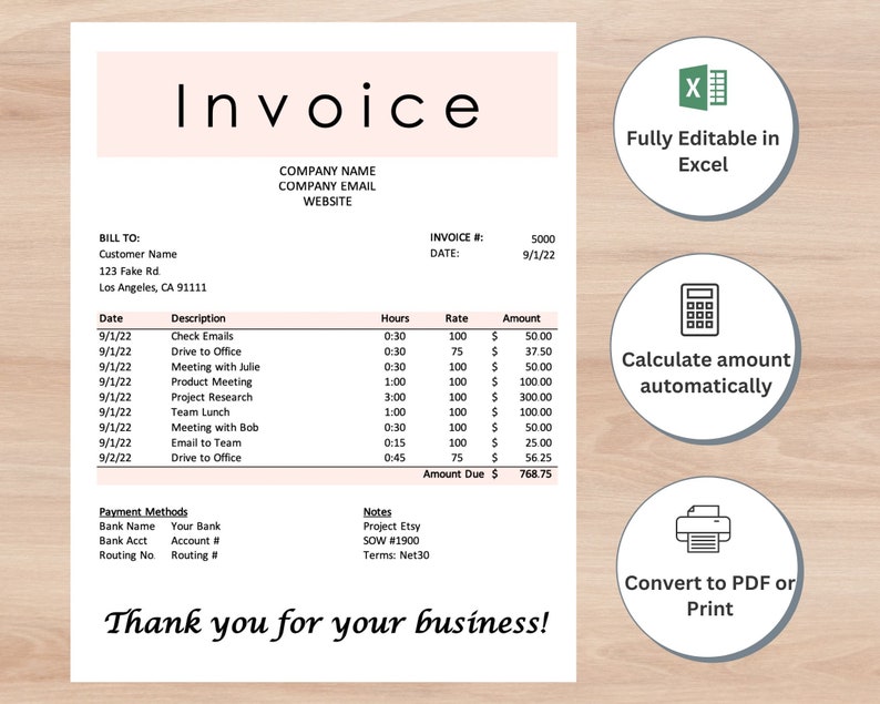 Invoice Template Download, Freelance, Hourly Consultant, Pink Invoice ...