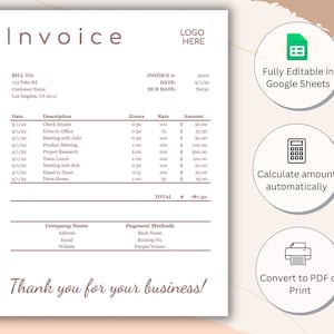 May include: A brown and white invoice template with the word "Invoice" in a brown font. The template includes sections for billing information, invoice details, a table for itemized services, payment methods, and a thank you message. The template is fully editable in Google Sheets and can be converted to PDF or printed.