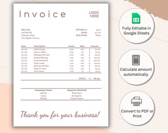 Google Doc Invoice, Simple Invoice Template, Google Sheets, Excel Invoice, Excel Template, Downloadable Invoice