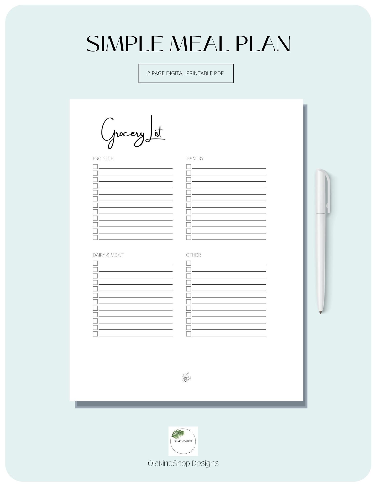 Simple Meal Plan PDF Meal Prep Simple Grocery List Weight Loss Organize