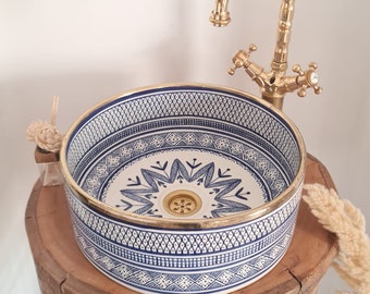 Custom Made Oceanic Blue Ceramic Bathroom Sink With Brass Rim - Bathroom Vanity Centerpiece for Eco-Friendly Decor + Brass Drain Included