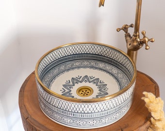 Custom Made Gray Ceramic Sink with Brass Rim - Bathroom Vanity Centerpiece for Eco-Friendly Decor - Bathroom Statement Piece