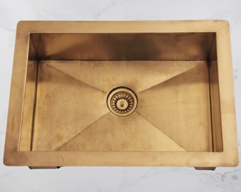 Custom Made 32" x 18" x 9" Brushed Brass Kitchen Sink - Brass Basket Drain Strainer Included