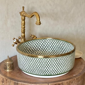 Custom Made Green Ceramic Sink with Brass Rim - Bathroom Vanity Centerpiece for Eco-Friendly Decor - Bathroom Statement Piece