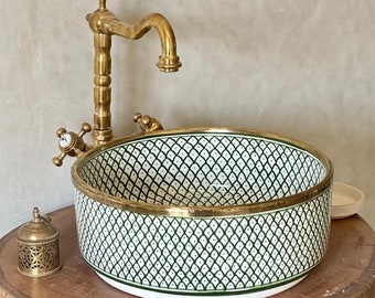 Custom Made Green Ceramic Sink with Brass Rim - Bathroom Vanity Centerpiece for Eco-Friendly Decor - Bathroom Statement Piece
