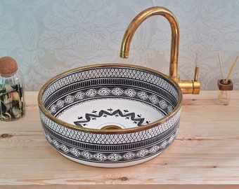 Customized Ceramic Black Bathroom Sink - Vessel Up Mount Handmade Ceramic Basin - Brushed Brass Rim Bathroom Sink With Brass Drain Included