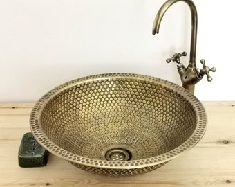 Custom Made Brushed Brass Hammered Bathroom Sink