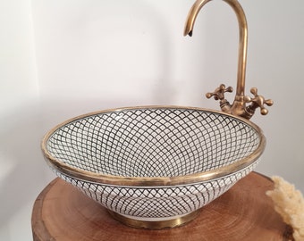 Custom Made Bathroom Sink With Brass Rim - Handmade Bathroom Vanity Sink - Customized Bathroom Basin Up Mount Sink - Brass Drain Included