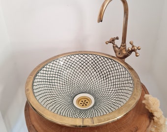 Handcrafted Ceramic Sink with Brass Rim - Custom Made Drop in & Vessel Ceramic Sink With Brass Sink