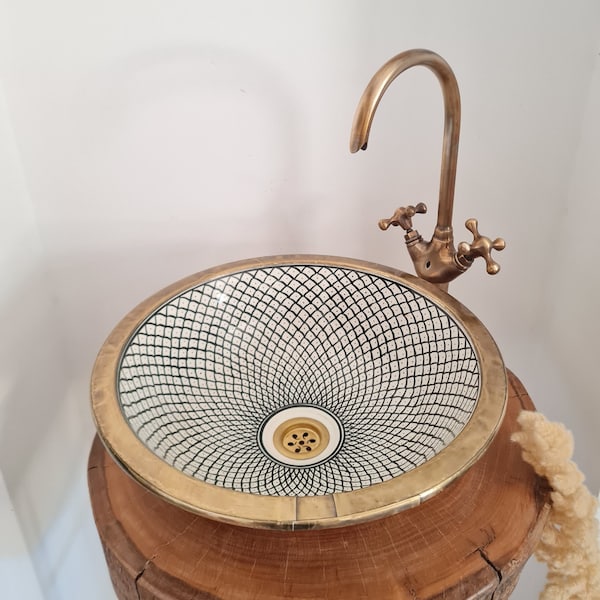 Handcrafted Ceramic Sink with Brass Rim - Custom Made Drop in & Vessel Ceramic Sink With Brass Sink