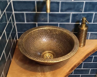 Custom Made Brushed Brass Hammered Bathroom Sink - DropIn / Vessel Brass Bathroom Sink
