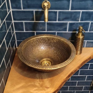 Custom Made Brushed Brass Hammered Bathroom Sink DropIn / Vessel Brass Bathroom Sink image 1