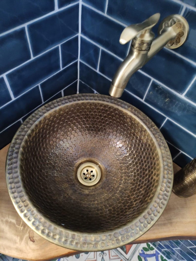 Custom Made Brushed Brass Hammered Bathroom Sink DropIn / Vessel Brass Bathroom Sink image 2