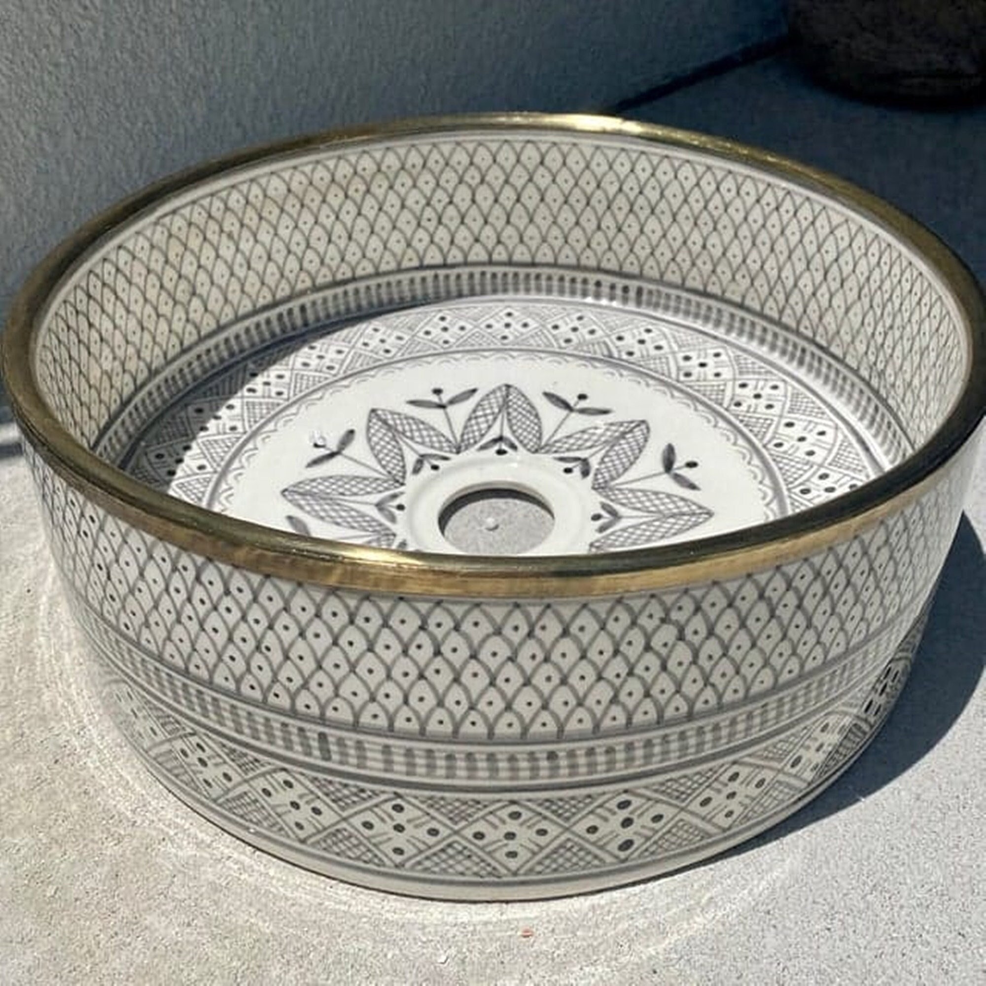 Custom Made Gray Bathroom Ceramic Sink with Brass Rim