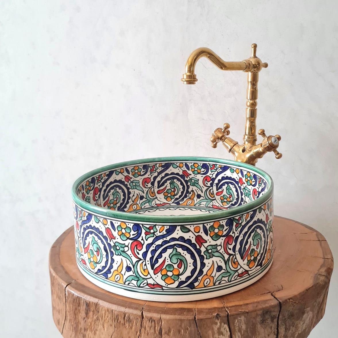 Aqua Custom Made Green Ceramic Sink With Brass Drain - Bathroom Vanity Centerpiece for Eco-Friendly Decor - Bathroom Statement Piece