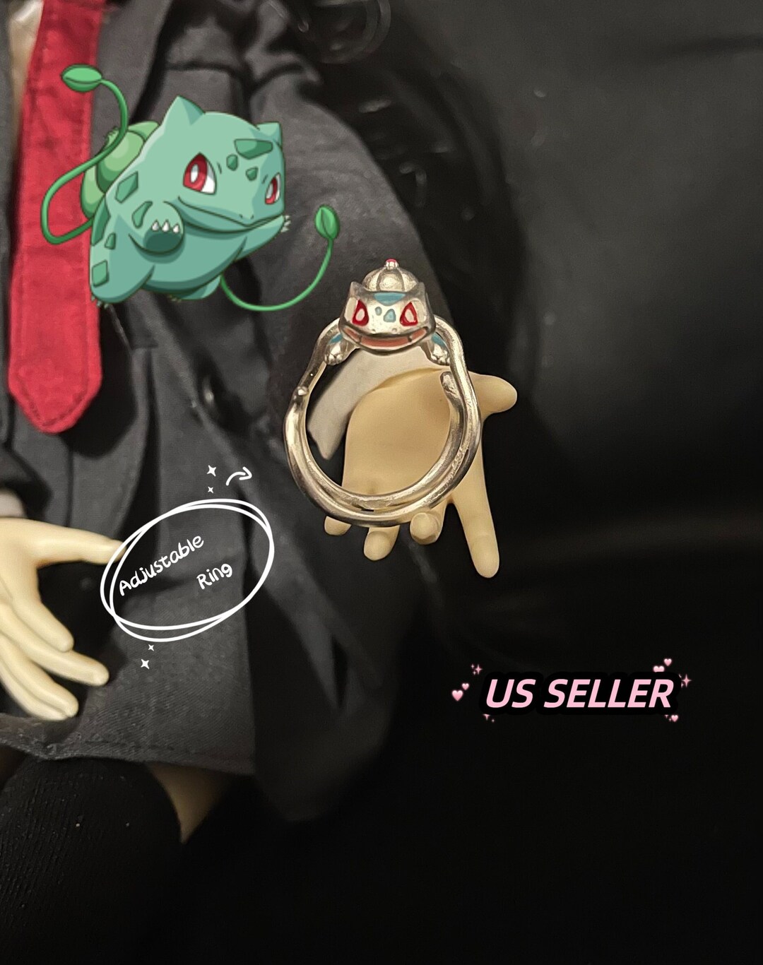 Pokemon S999 Silver Jewelry Bulbasaur Ring Handpainted Exquisite Non