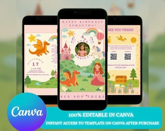 Editable Girl Birthday Invitation | Virtual Birthday Party Invite | Pink Princess Digital Invite | Instant Download Canva Template | Unicorn