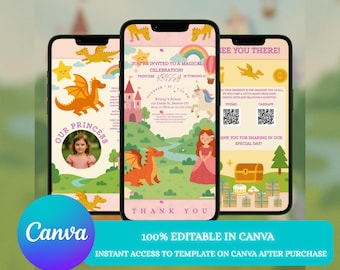 Princess Birthday Invitation for Girls | Editable Pink Castle Canva Template | Fairytale Party Digital Download | Instant Access