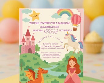 Editable Girl Birthday Invitation | Virtual Birthday Party Invite | Pink Princess Digital Invite | Instant Download Canva Template