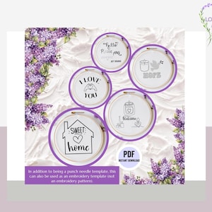 May include: Five embroidery hoop patterns with different designs. The designs include "Hello Please Make Yourself At Home", "I Love You", "Sweet Home", "Hope" with a candle and dove, and "Welcome" with a candle and flowers. The hoops are on a white background with purple flowers.