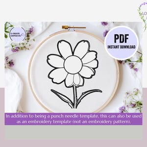 May include: A black and white line drawing of a flower with five petals on a white background. The flower is in a wooden embroidery hoop. The text "PDF INSTANT DOWNLOAD" is in a purple circle on the right side of the image.