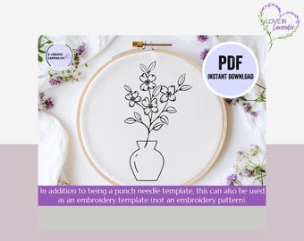 Flower in Vase Punch Needle Pattern PDF Download - DIY Punch Needle Design Embroidery, Beginner-Friendly Punchneedling Needlecraft