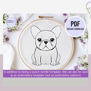 May include: Black and white line art illustration of a French bulldog sitting in a white embroidery hoop. The image is labeled "PDF Instant Download".