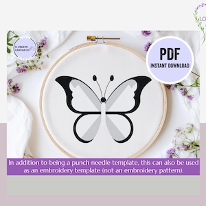 May include: A black and white butterfly embroidery template on a white fabric background. The template is in a round embroidery hoop. The text "PDF INSTANT DOWNLOAD" is in the upper right corner of the image.