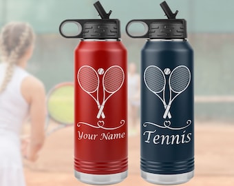 Custom Tennis Water Bottle. Personalized gift for player/coach. Vacuum insulated stainless steel 32oz with laser etched illustration & name.