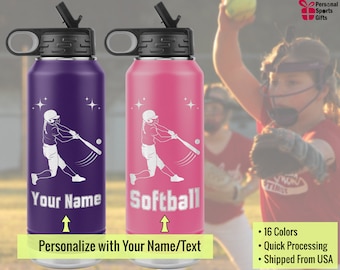 Custom Softball Girl Water Bottle. Personalized gift for player or coach. Laser etched girl hitting ball & name. Baseball mom and dad gifts.