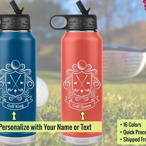 Custom Golf Water Bottle with Personalized Coat of Arms. Golf gift for man and woman, golf kings/queens. Vacuum insulated stainless steel.