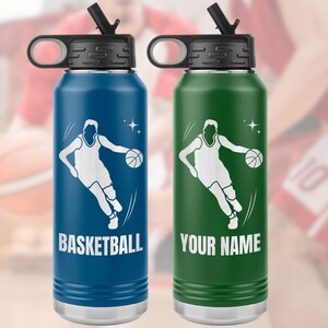 Personalized Basketball Water Bottle. Premium gift for players and coaches. Made from stainless steel with laser etched custom design & name